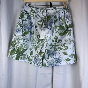 Prosperina Floral Paperbag Waist Shorts Blue Green Cotton Belted Womens L NWT